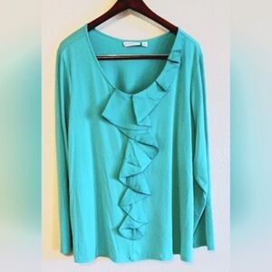 Susan Graver Women's Ruffled Long Sleeve Top. Size 1X. Teal.